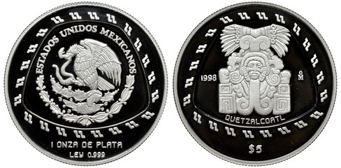 Mexico Mexican silver coin 5 five peso 1998, arms, eagle on cactus catching snake surrounded by...