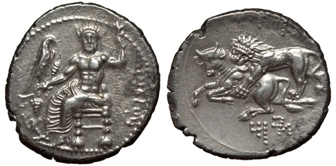 Antique silver coins of Cilicia, stater 361-334 BC, Persian Satrap Mazaeus on throne holding eagle on vine with grapes in right hand, lion tearing calf, Aramaic legend below,