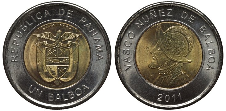 Panama Panamanian bimetallic coin 1 one balboa 2011, arms within central circle, helmeted bust of conquistador Vasco Núñez de Balboa left, date below,
