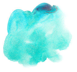 watercolor aquamarine blot background with paper texture on white background isolated. rounded brush shapes