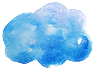 blue watercolor blot background with paper texture on white background isolated. rounded brush shapes