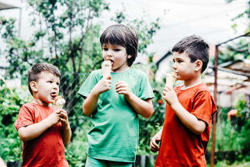 Fototapeta premium Three happy little boy eating ice cream. Closeup of children eating ice cream in the park