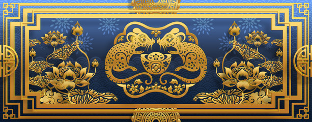 Happy chinese new year 2020 year of the rat ,paper cut rat character,flower and asian elements with craft style on background.  (Chinese translation : Happy chinese new year 2020, year of rat)