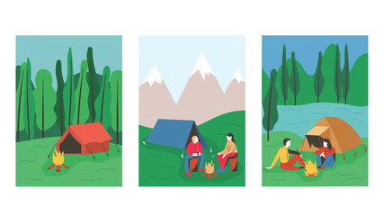 Obraz na płótnie Canvas Tent and campfire in the forest. Tent beside a lake. People talking next to campfire and a tent in mountains. Concept of hiking, adventure tourism, camping, travel. Flat vector illustration