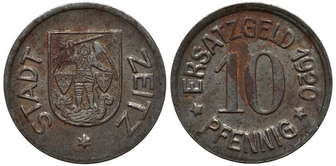 Germany German Town of Zeitz iron coin 10 ten pfennig 1920, after WWI emergency money, winged figure with sword between two shields, dragon below, denomination and date, rust,