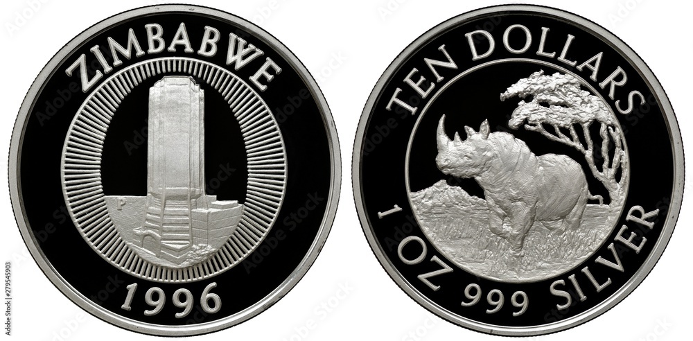 Wall mural Zimbabwe Zimbabwean silver coin 10 ten dollars 1996, reserve bank building within circle, rhinoceros in front of tree,