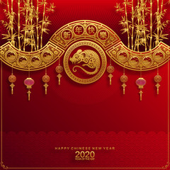 Happy chinese new year 2020 year of the rat ,paper cut rat character,flower and asian elements with craft style on background.  (Chinese translation : Happy chinese new year 2020, year of rat)