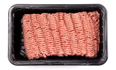 Raw Hamburger Meat in a Plastic Package on a White Background