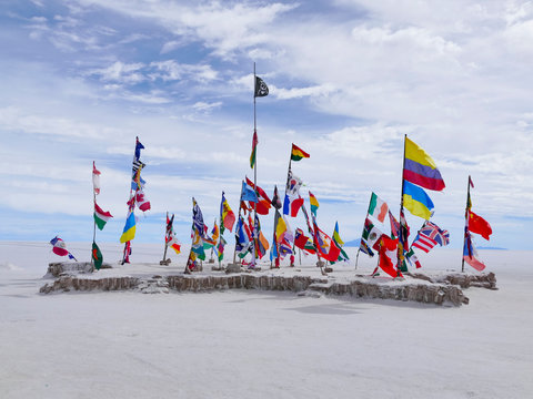 Flags Of The World In Salar De Uyuni In Bolivia