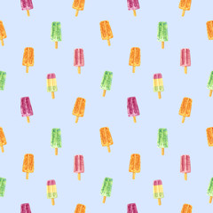 Seamless pattern, made of pink, green and orange sweet fruit ice pop, hand drawn food watercolor illustration, isolated on blue.