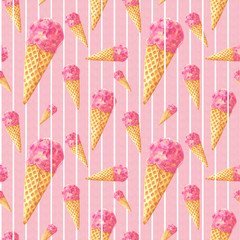 Seamless pattern, made of pink sweet ice cream, hand drawn food watercolor illustration, isolated on pink background with white stripes.