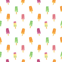 Seamless pattern, made of pink, green and orange sweet fruit ice pop, hand drawn food watercolor illustration, isolated on white.