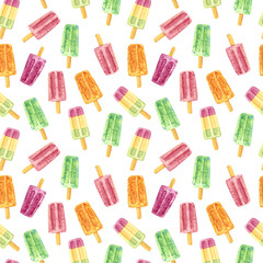 Seamless pattern, made of pink, green and orange sweet fruit ice pop, hand drawn food watercolor illustration, isolated on white.