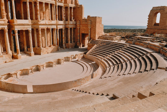 Ancient archaeological site. Ruins of the city of Sabratha, ancient "three cities" of Roman Tripolis, Libya. A UNESCO World Heritage Site since 1982.
