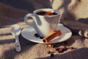 Fragrant coffee in the morning sun.