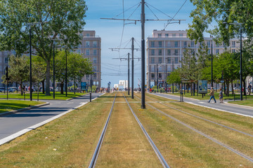 Fototapeta na wymiar Le Havre, France - 06 01 2019: Tramway line and the white structure