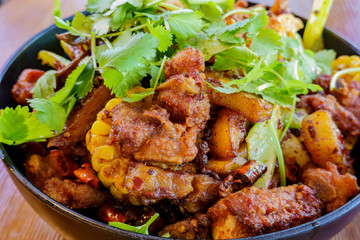 Close up shot of a deep fried pork meat