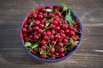 Top view on the vintage rustic colorful bowl full of fresh red riped sour cherries, full of vitamins on the old wooden table just after harverst in the garden. Picture taken in sunny summer afternoon.