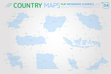 Developing-8, Indonesia, Iran, Bangladesh, Egypt, Nigeria, Malaysia, Pakistan and Turkey Vector Maps