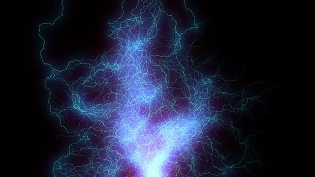 Electric arc on black background. Lightnings converge at one point. It forms a bright glow.