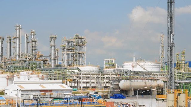 Landscape view of oil and gas refinery plant in day time , Video for industrial refinery and technology concept