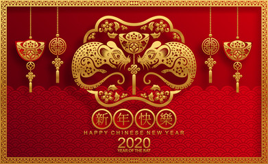 Happy chinese new year 2020 year of the rat ,paper cut rat character,flower and asian elements with craft style on background.  (Chinese translation : Happy chinese new year 2020, year of rat)