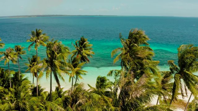 Tropical island with sandy beach by atoll with coral reef and blue sea, aerial view. Patongong Island with sandy beach. Summer and travel vacation concept.