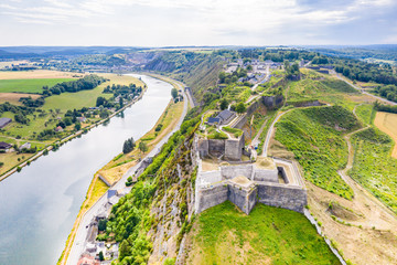 Fortress of Charlemont protects Givet town on the Belgian border and dominates Meuse river as it bends. Citadel, surrounded by outworks. Ardennes department in northern France