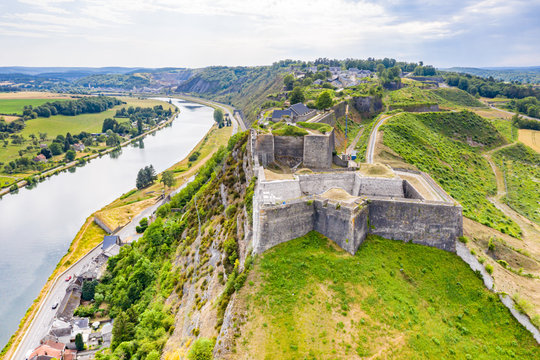 Fortress of Charlemont protects Givet town on the Belgian border and dominates Meuse river as it bends. Citadel, surrounded by outworks. Ardennes department in northern France