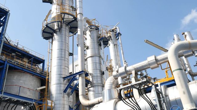 Engineering complex in Oil and Chemical refinery industrial plant , Structure and industrial equipment in production area of refinery plant , Panning video