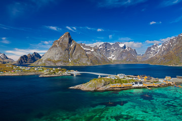 Aerial View Of Hamnoy Village on Lofoten Islands,  Norway. The Typical Norwegian fishing village on Reinefjord,  With Rorbu Houses.