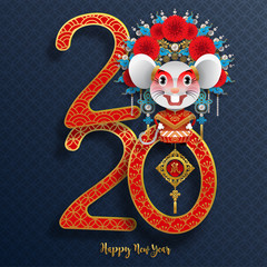 Happy chinese new year 2020 year of the rat ,paper cut rat character,flower and asian elements with craft style on background.  (Chinese translation : Happy chinese new year 2020, year of rat)