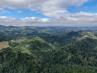 Aerial view of Napa Valley with vineyard and little lake. Napa County, in California's Wine Country. Vineyards landscape.