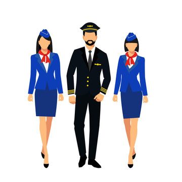Illustration of stewardess dressed in blue uniform. Two flight attendants and a pilot isolated on a white background. vector illustration