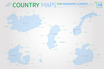 Iceland, Sweden, Norway, Denmark and Ireland Vector Maps