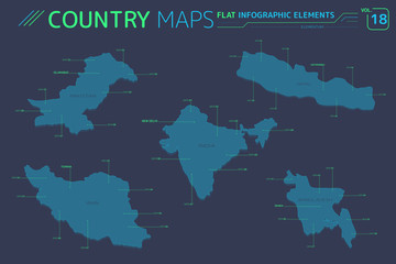 India, Pakistan, Bangladesh, Iran and Nepal Vector Maps