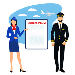  flight attendants and pilot. Illustration of stewardess dressed in blue uniform.  pilot and stewardess