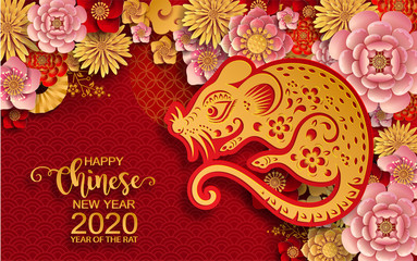 Happy chinese new year 2020 year of the rat ,paper cut rat character,flower and asian elements with craft style on background.  (Chinese translation : Happy chinese new year 2020, year of rat)
