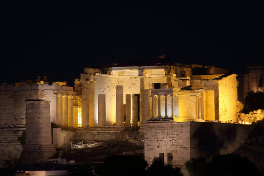 Athens, Greece - July 20, 2019: The Acropolis of Athens Unesco heritage with the Parthenon illuminated at night