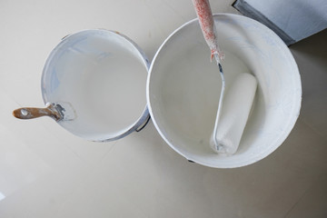 Set of indoor tool paint white color with roller