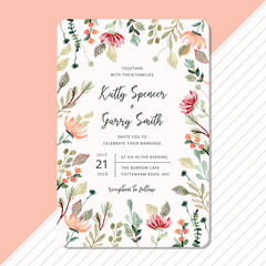 wedding invitation with floral and foliage watercolor frame