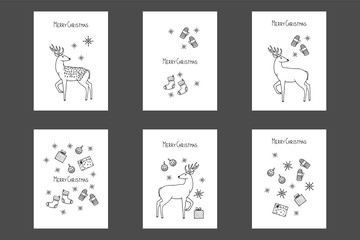 Fototapeta na wymiar Vector merry Christmas greeting cards with hand drawn lettering, cute deer, gifts, snowflakes, mittens and sock.