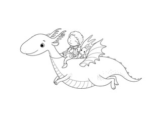 The boy and the dinosaur. The prince flies on a dragon.