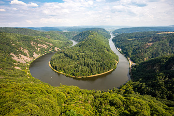 The view of the Saarschleife (Saar loop) from the watchtower, the bend (meander) of Saar river. The...