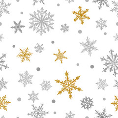 Christmas seamless pattern of complex big and small snowflakes in yellow and gray colors on white background