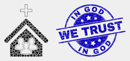 Dot church people mosaic pictogram and In God We Trust seal stamp. Blue vector round textured seal stamp with In God We Trust phrase. Vector composition in flat style.