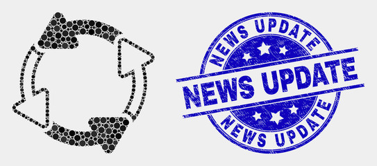 Dot circulation arrows mosaic icon and News Update seal. Blue vector rounded scratched seal stamp with News Update message. Vector composition in flat style.