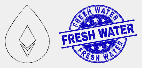 Pixelated crystal drop mosaic pictogram and Fresh Water stamp. Blue vector rounded scratched seal stamp with Fresh Water caption. Vector composition in flat style.