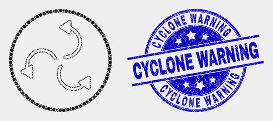 Dotted cyclone arrows mosaic pictogram and Cyclone Warning seal stamp. Blue vector rounded grunge seal with Cyclone Warning message. Vector composition in flat style.