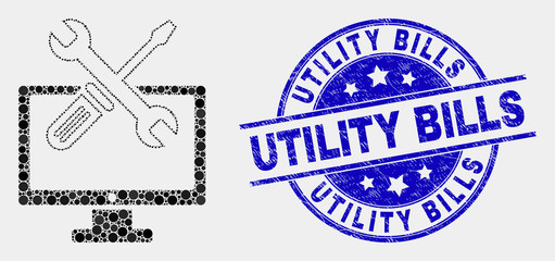 Pixel desktop options mosaic pictogram and Utility Bills seal. Blue vector round textured stamp with Utility Bills text. Vector composition in flat style.